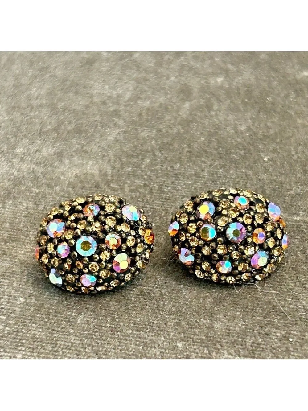 Vintage Amber Aurora borealis AB crystal rhinestone oval clip on earrings
